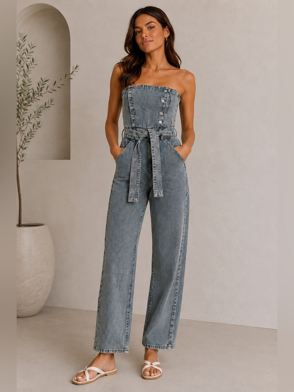 Forever 21 Strapless Washed Denim Jumpsuit with Tie Waist